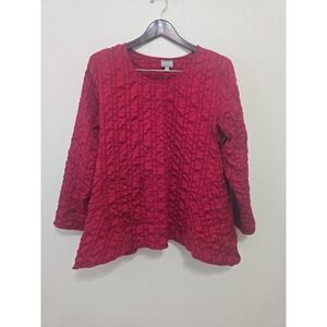 NICHE NILGUN DERMAN Lagenlook Puckered Grid Texture  Red Top Sz M Asymmetrical